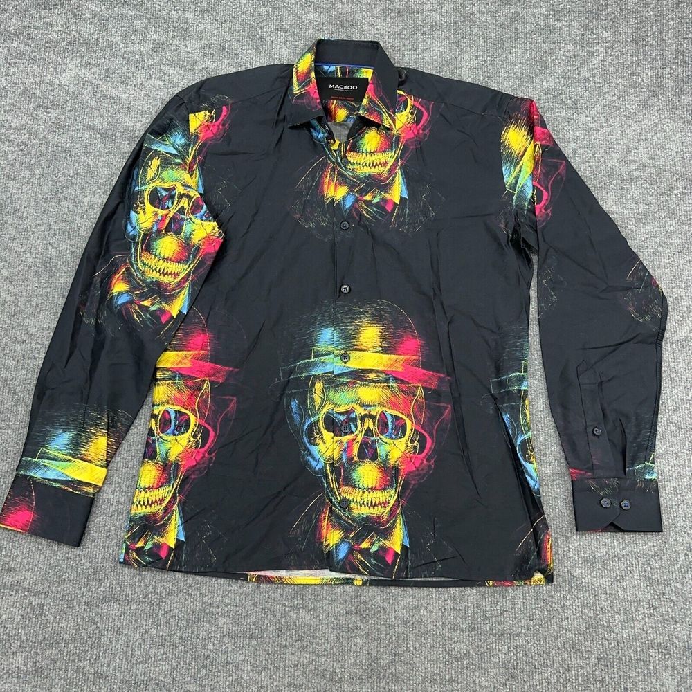 Fibonacci Maceoo Italian Dress Shirt Mens 2/S Black Skull Hat Print Colorful AOP